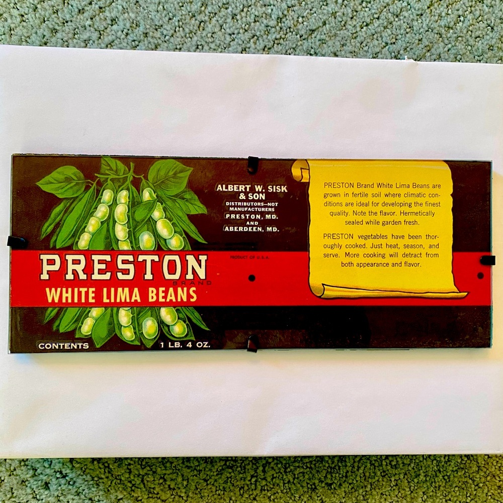 Preston White Lima Beans - Vintage Vegetable Label Plaque 💚💚